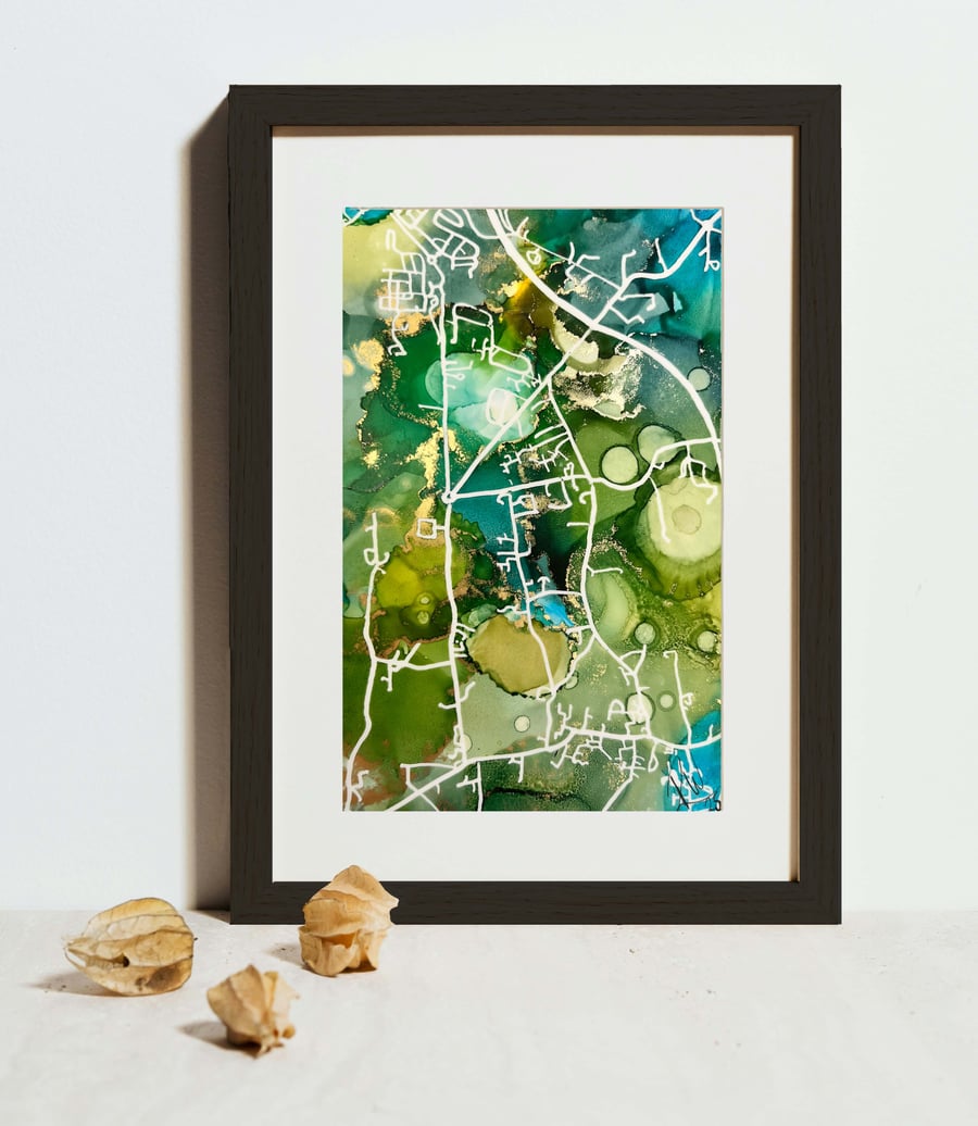 Personalised Custom Made Hand Painted Map - 6x4 alcohol ink map Green and gold