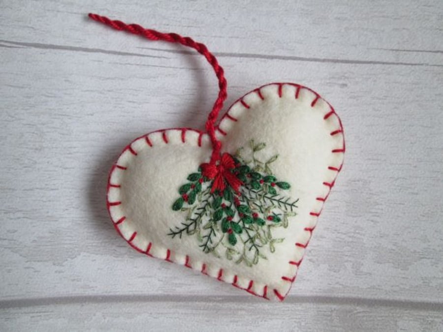 Hand Embroidered Kissing Bunch Christmas Decoration on Cream