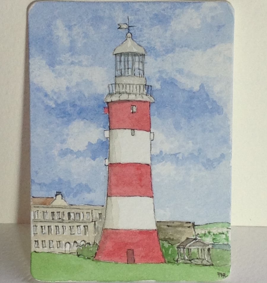 The Lighthouse, Plymouth Hoe ACEO original watercolour