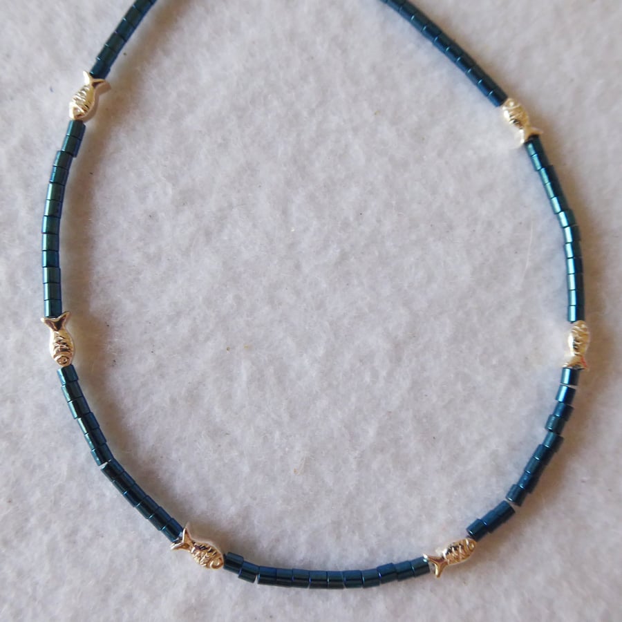 Unique Sterling Silver Fish and Hematite adjustable Anklet
