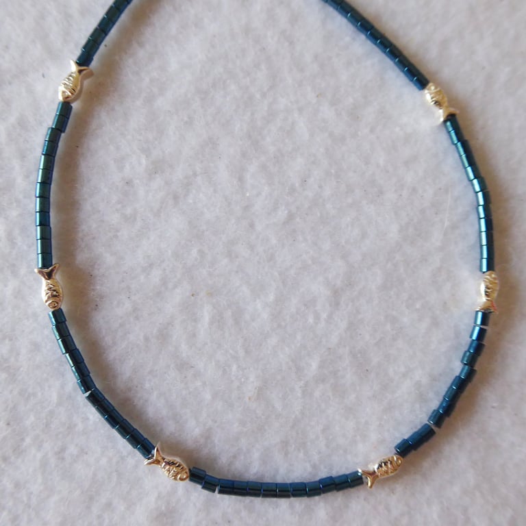 Unique Sterling Silver Fish and Hematite adjustable Anklet