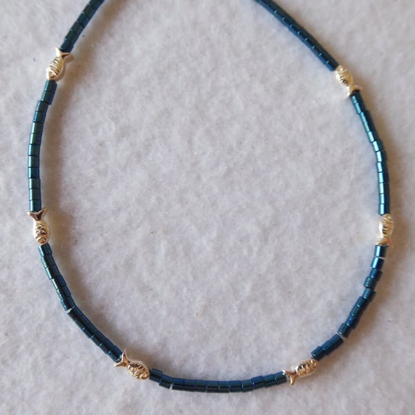 Unique Sterling Silver Fish and Hematite adjustable Anklet
