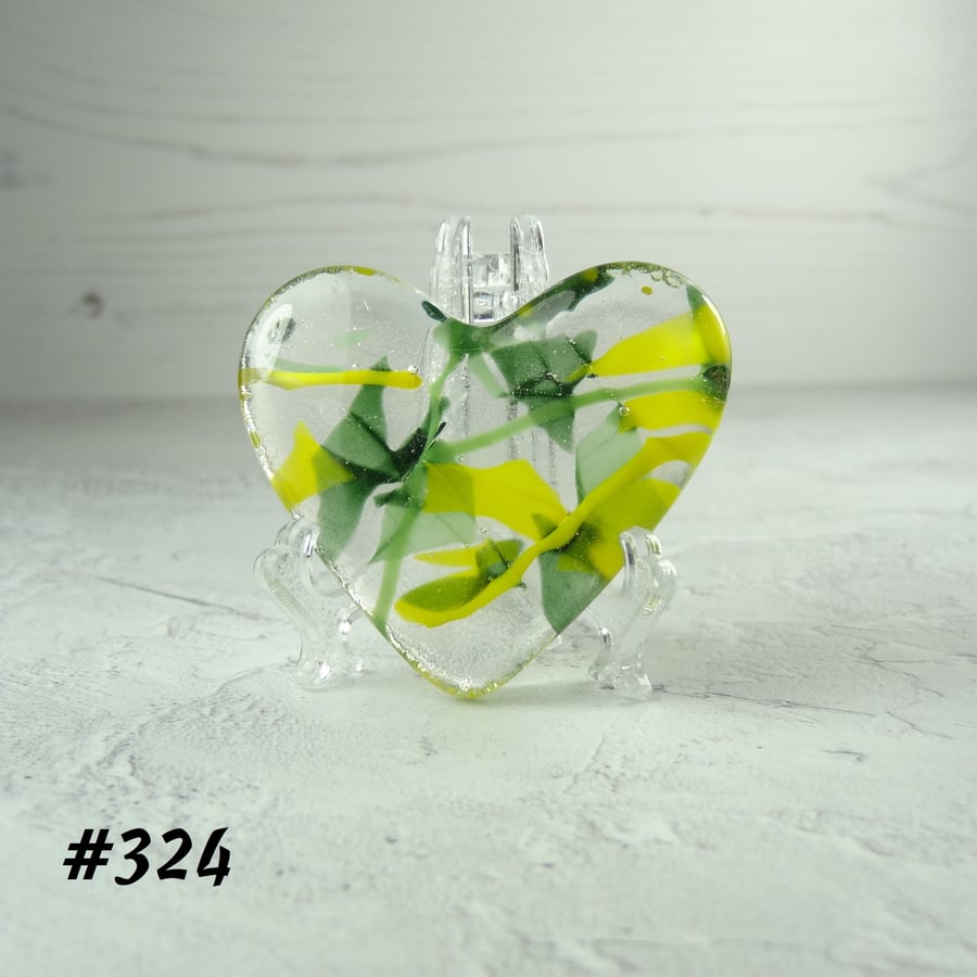 Green and yellow heart fused glass pocket hug with stand 5x4.5cm (324)