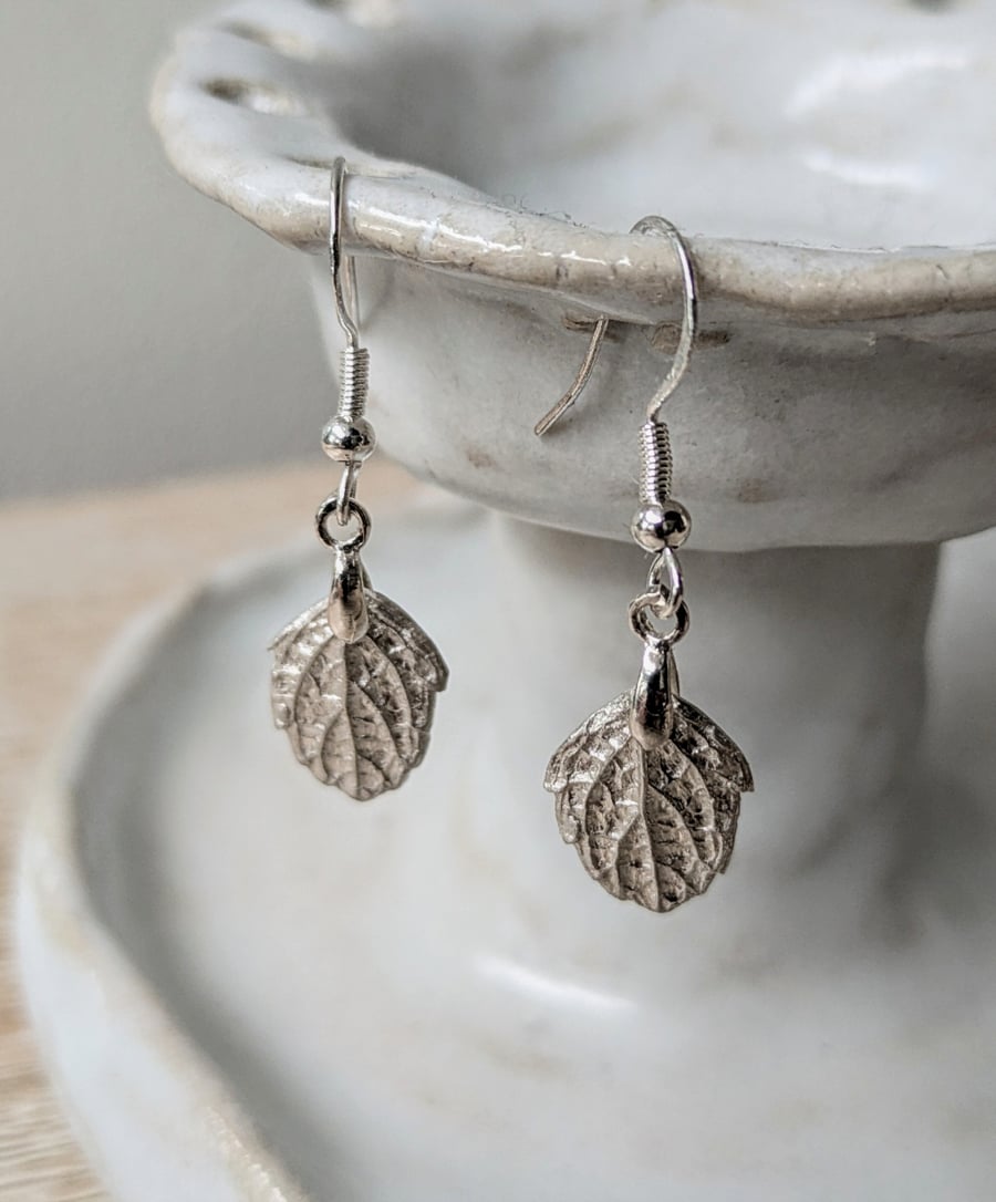 Beautiful Real Leaf Fine Silver Drop Earrings