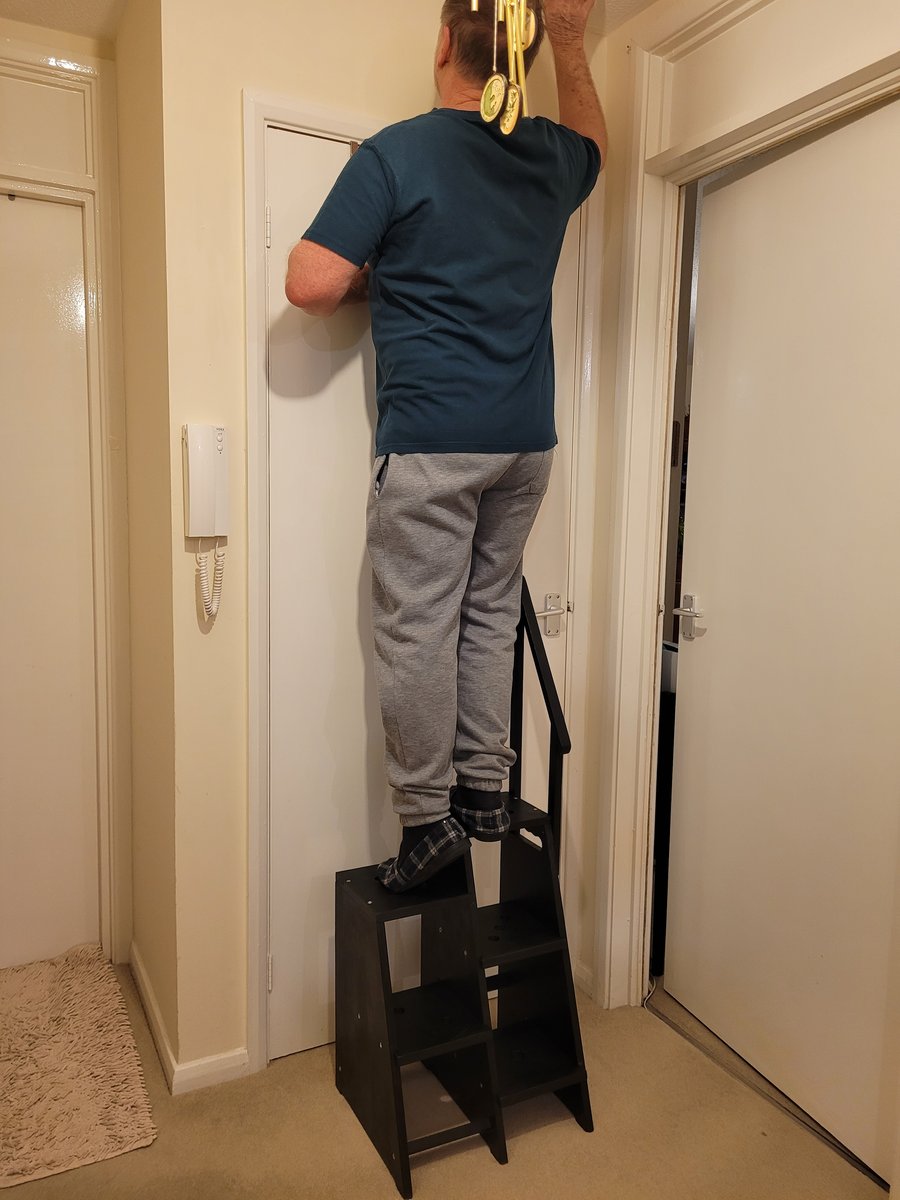 Small wooden step stool ladder with banister hand rail..finished in Ebony.