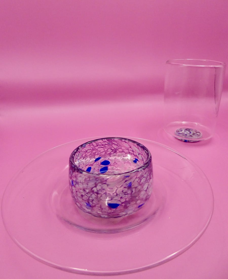 Handblown Glass Dumpling and Dip Plate & Matching Cup. 