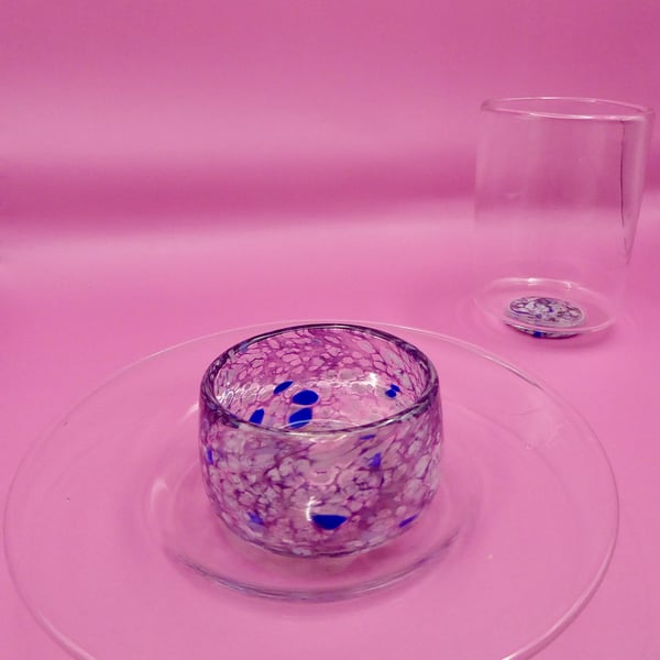 Handblown Glass Dumpling and Dip Plate & Matching Cup. 