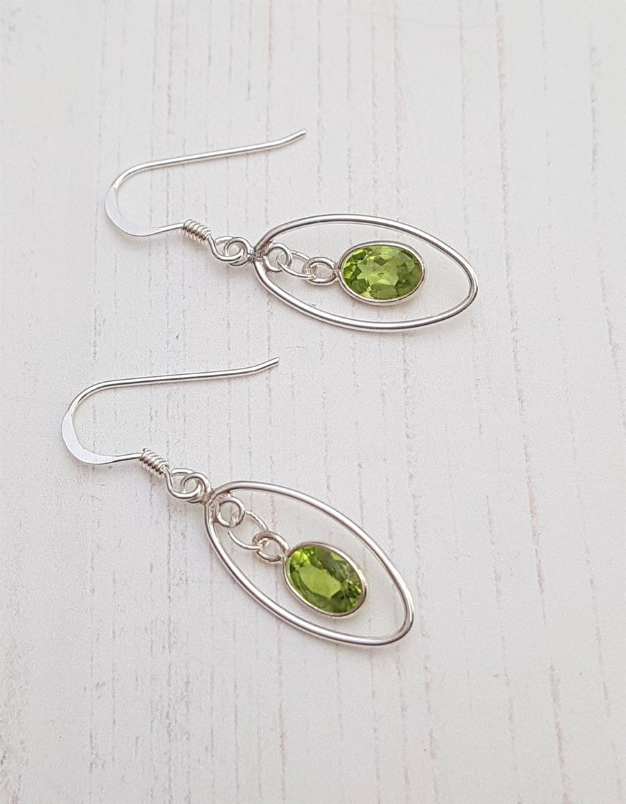 Peridot Faceted Oval in Sterling Silver Oval Hand Beaded Earrings