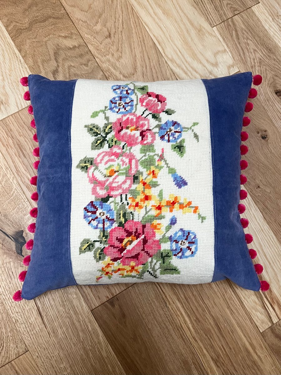 Repurposed tapestry floral cushion lavender and pink