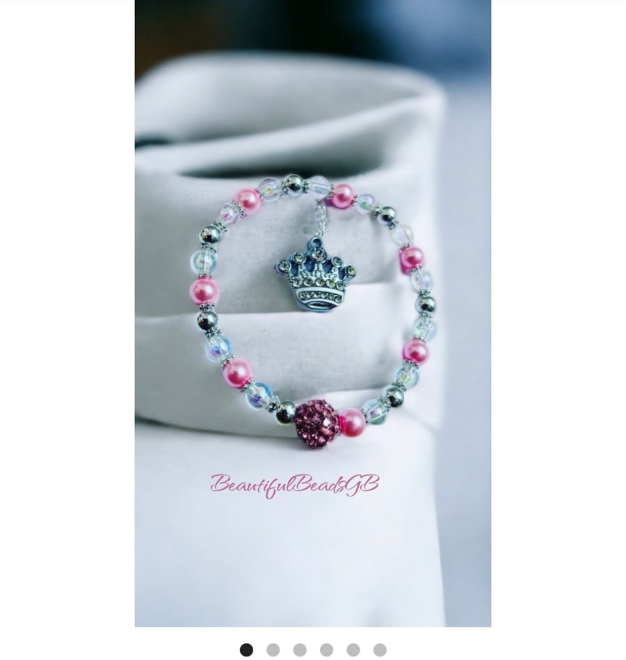 Princess crown charm stretch beaded shamballa bracelet 
