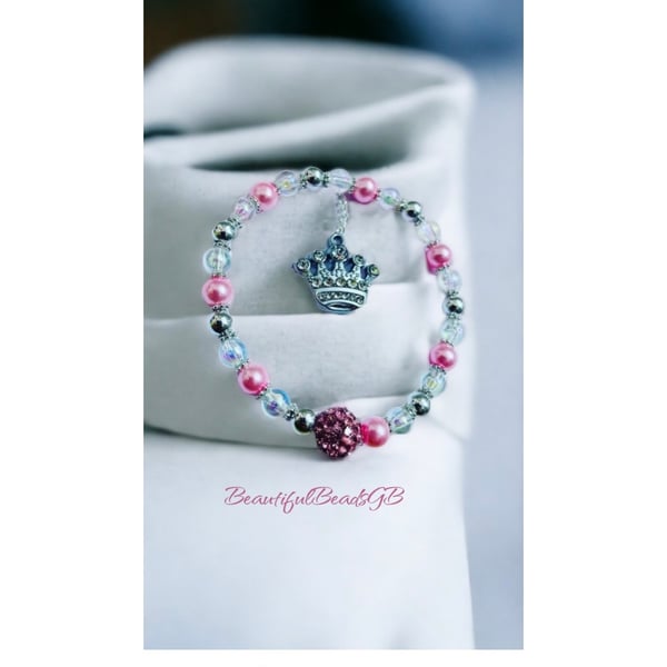 Princess crown charm stretch beaded shamballa bracelet 