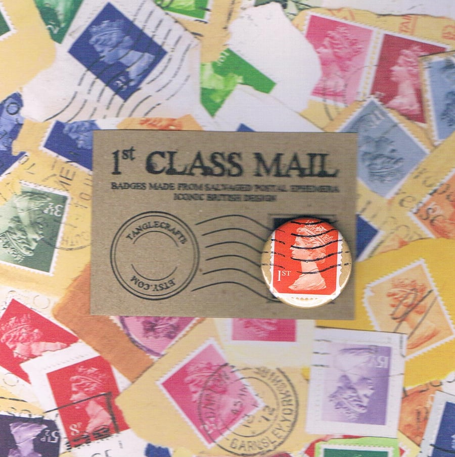 1ST CLASS MAIL Orange Machin - Upcycled vintage postage stamp badge
