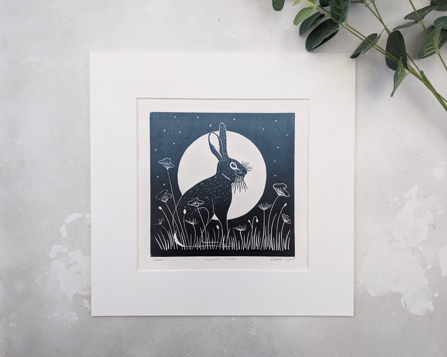 Moonlit Hare Linocut Print, Moon Gazing Hare