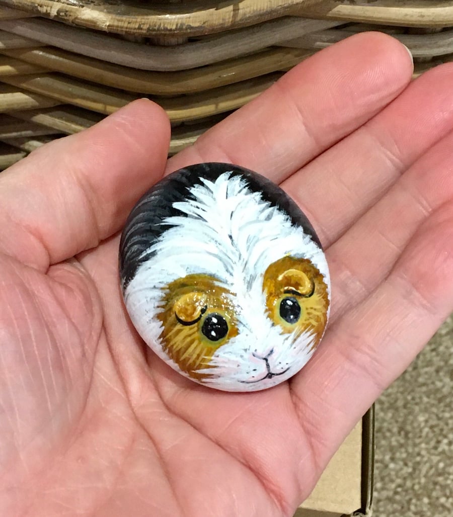Guinea pig painted pebble portrait garden rock art 