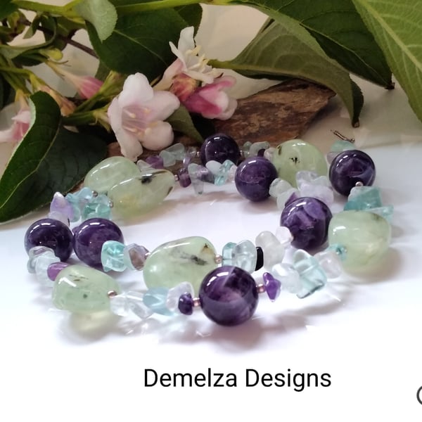 Amethyst,  Prehnite & Florite  Statement Sterling Silver Necklace