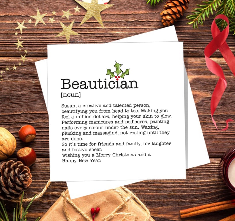 Beautician Definition Personalised Christmas Card - blank inside