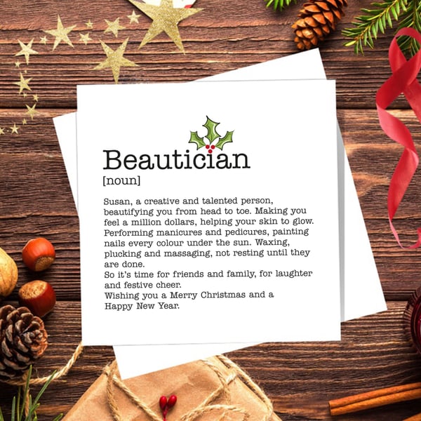 Beautician Definition Personalised Christmas Card - blank inside