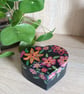 Wooden trinket box love heart shaped handpainted black with metallic flowers.   - Image 10