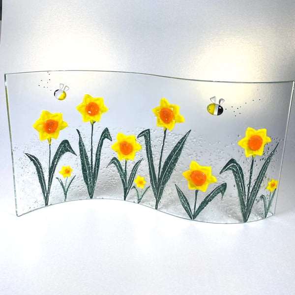 Daffodils- fused glass wave art ornament