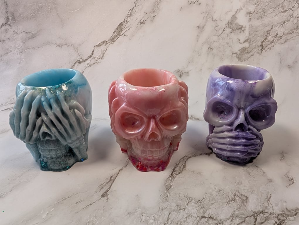 Resin Skull Jar – See No, Hear No, Speak No Evil (Pink, Lilac & Teal Marble)