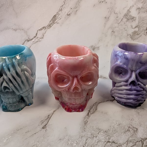 Resin Skull Jar – See No, Hear No, Speak No Evil (Pink, Lilac & Teal Marble)