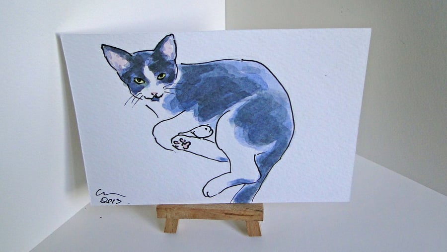 OSWOA Kitten Relax Original Watercolour & Ink Painting 4x6 OOAK Cat