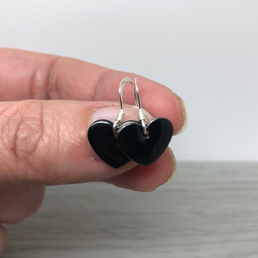 Black enamel heart charm, sterling silver earrings 