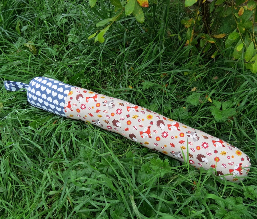 SALE!  A draught excluder with a whimsical woodland design.  Winter decor.