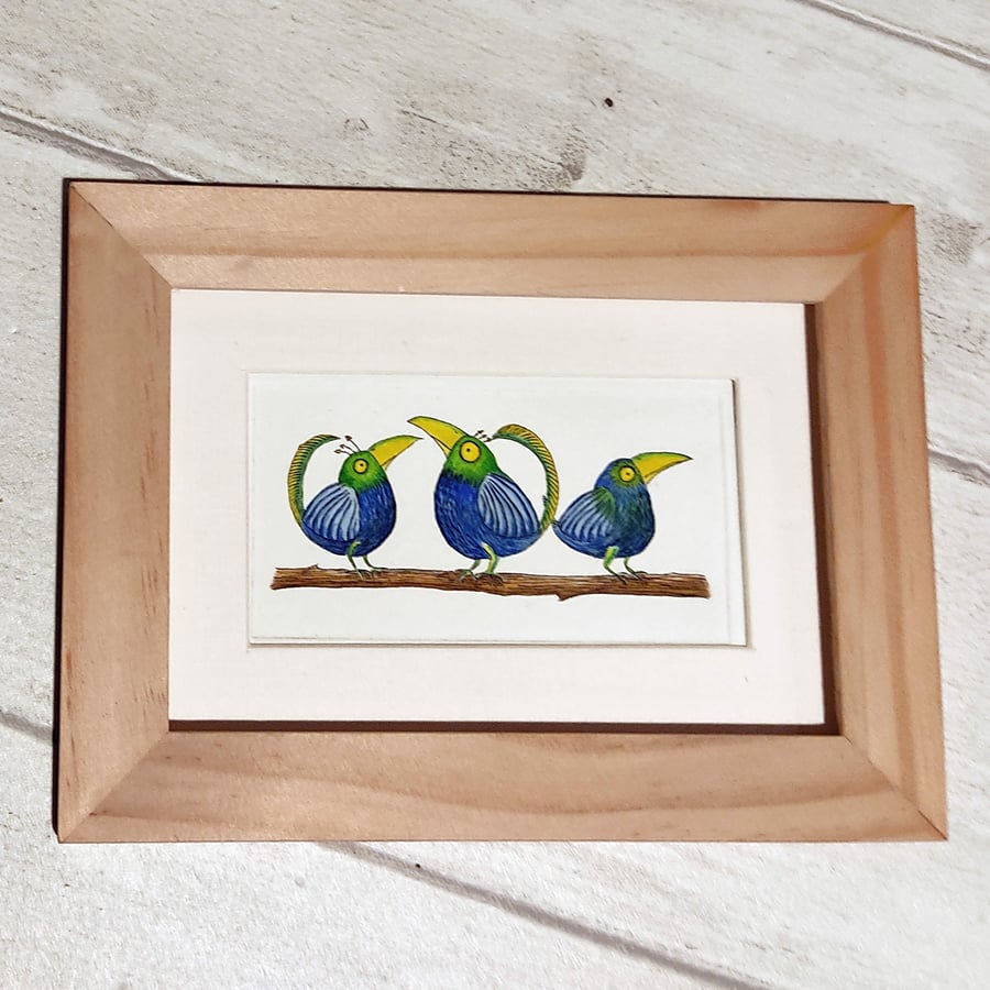 Three birds, etching and watercolour