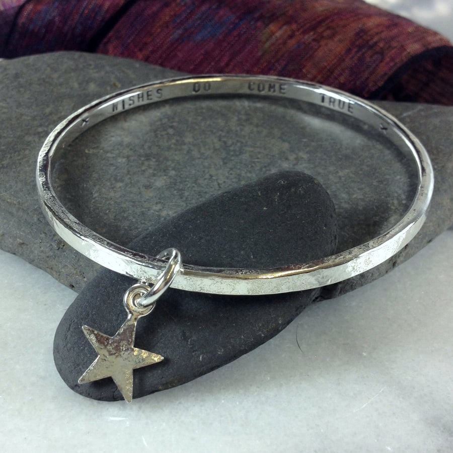 Personalised sterling silver charm bangle made to order heart or star or other