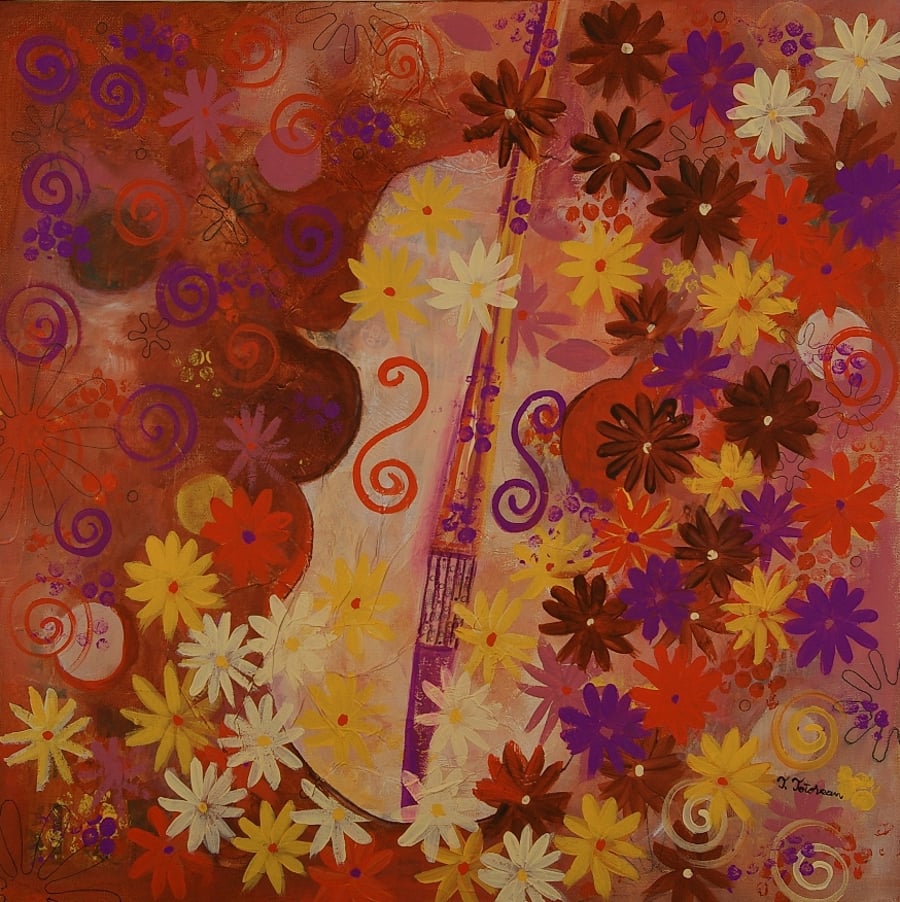 Music Painting with Violin and Flowers, Autumnal Original Artwork