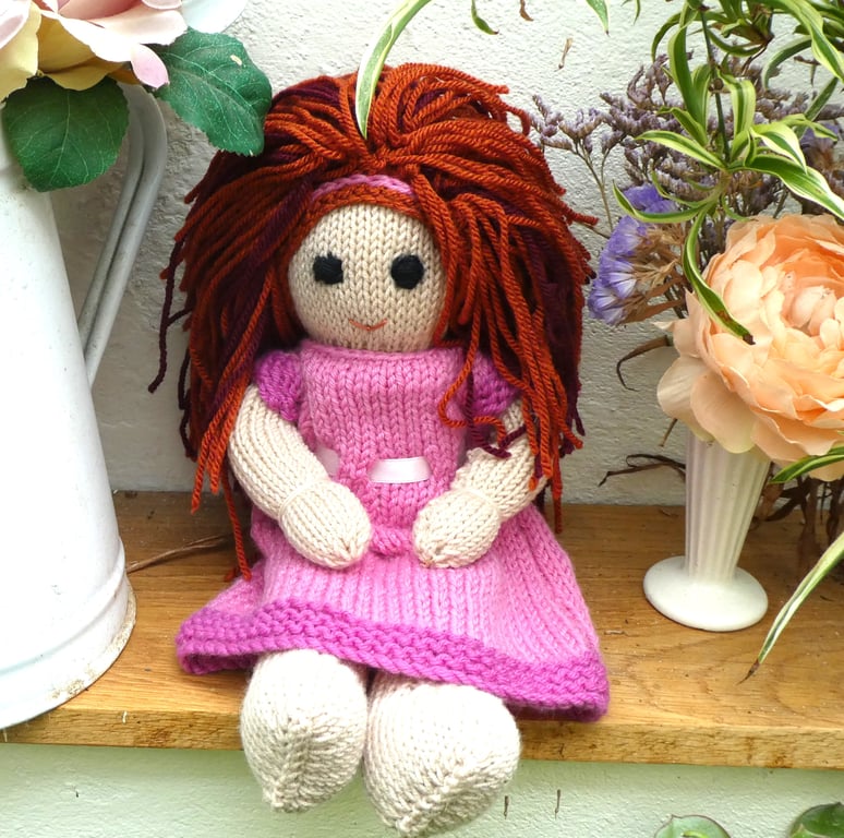 Doll. 12" Hand Knitted Doll Red Hair Doll Handmade in Wool With Removable Dress