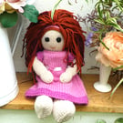 Doll. 12" Hand Knitted Doll Red Hair Doll Handmade in Wool With Removable Dress