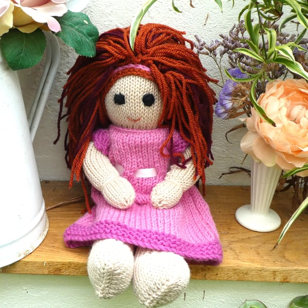 Doll. 12" Hand Knitted Doll Red Hair Doll Handmade in Wool With Removable Dress