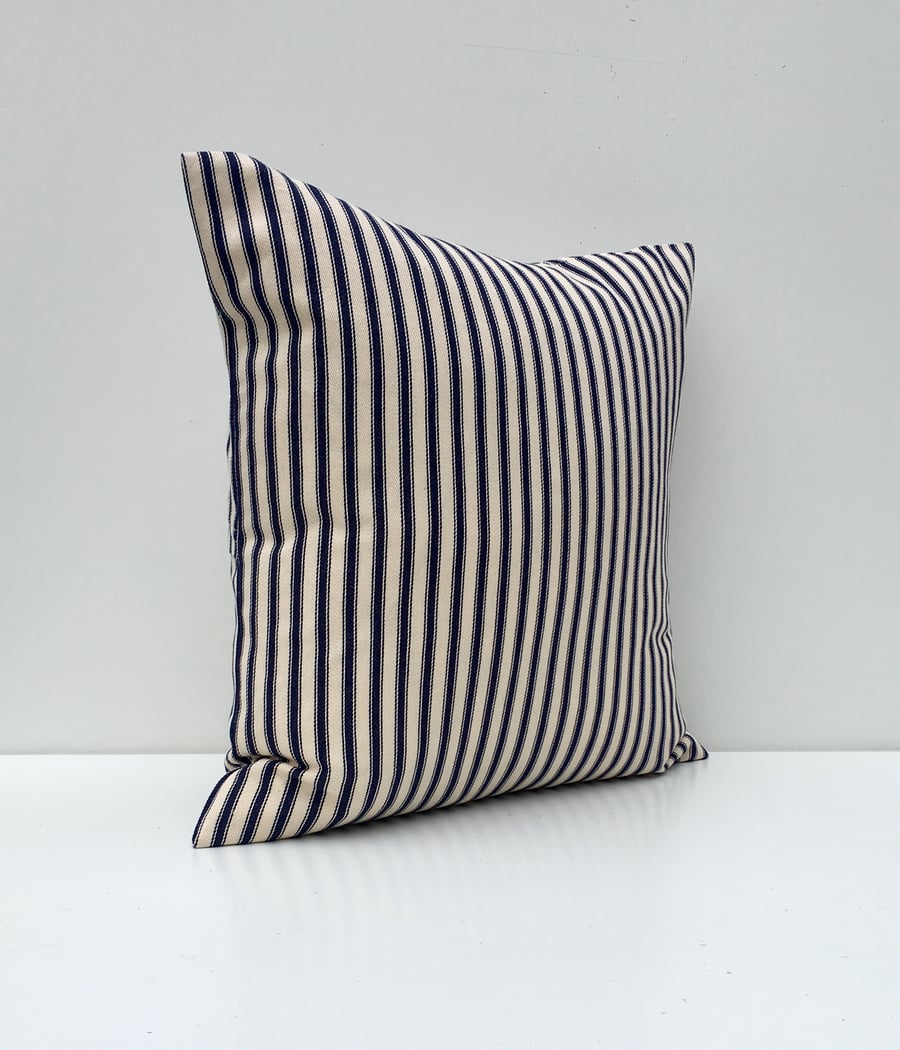 Navy Blue and Cream 18” x 18” Ticking Striped Cushion Cover