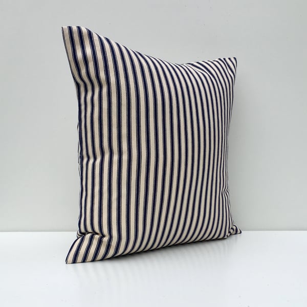 Navy Blue and Cream 18” x 18” Ticking Striped Cushion Cover