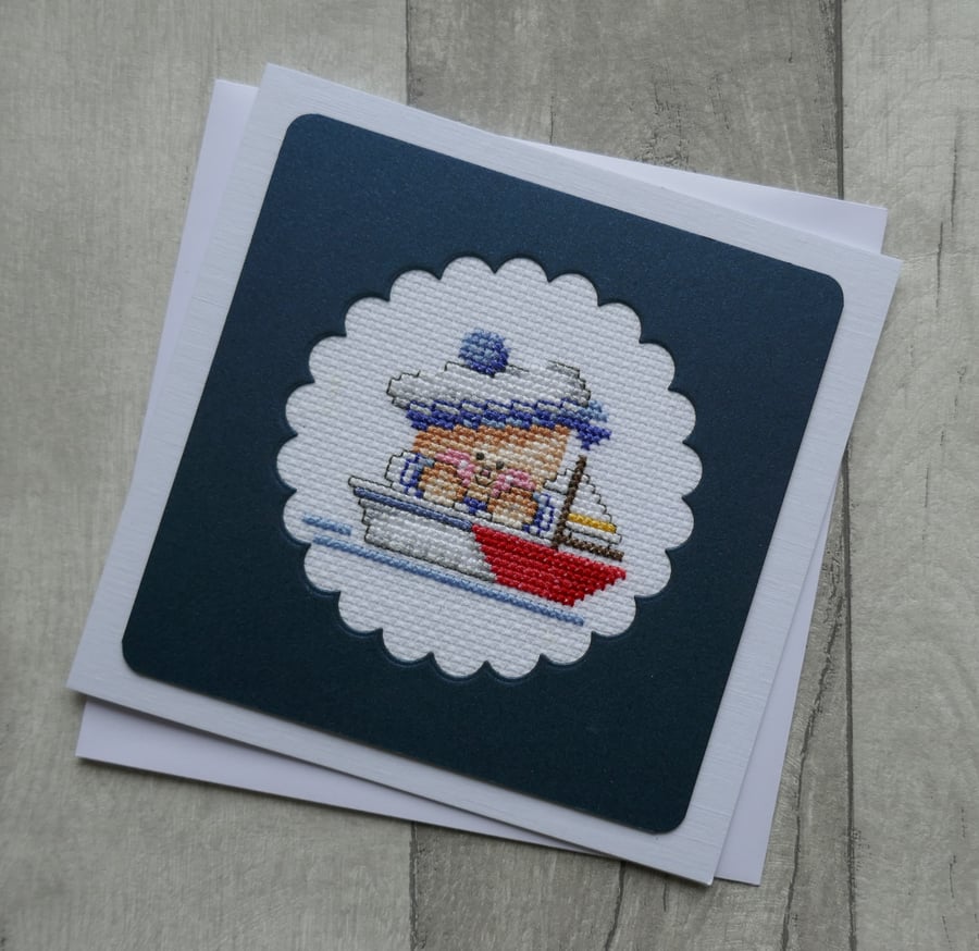 Cross Stitch Baby Joy - Sailor with Boats - Blank Greetings Card 