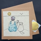 a lady and her dog on the beach free motion appliqué blank greetings card