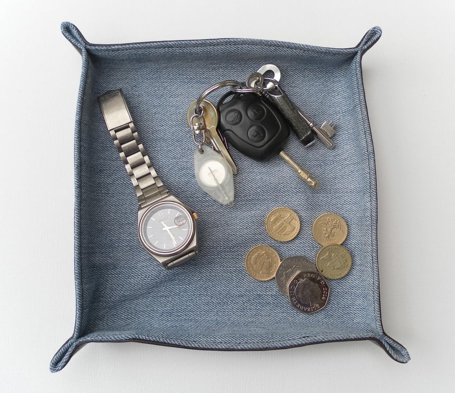  Bedside Tidy Tray, Recycled Wrangler Denim, Brown Leatherette