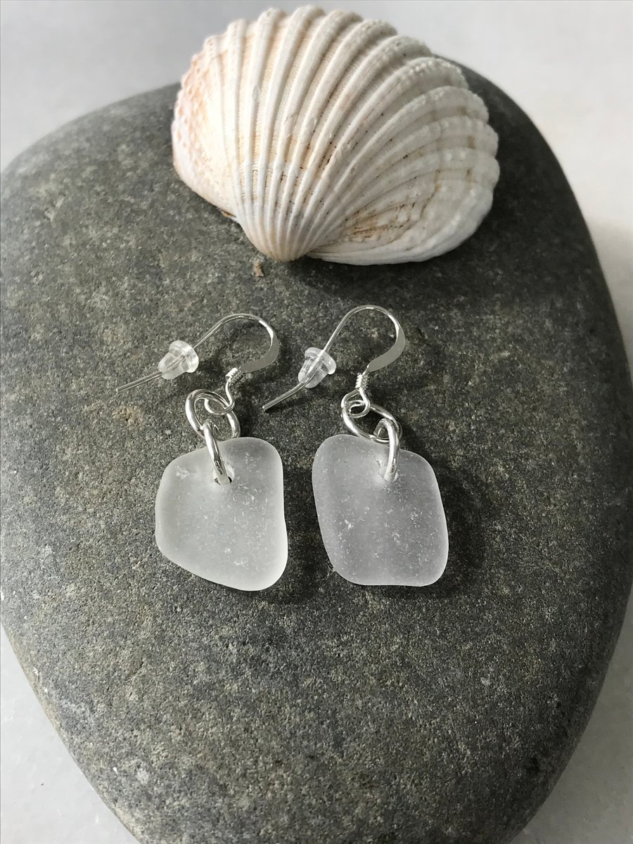 Devon White Sea Glass, Sterling Silver Simple Earrings, Eco Gift, Boho Earrings 