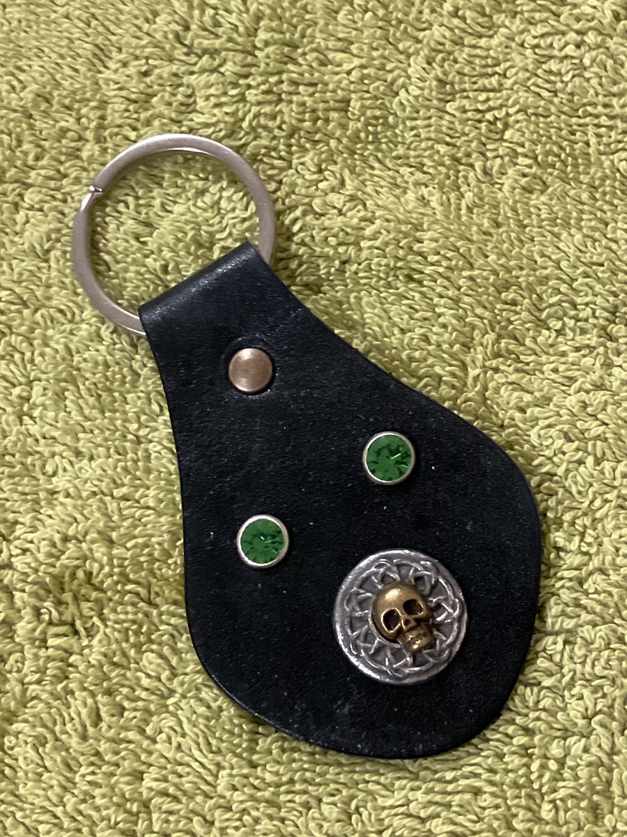 Black Leather Keyring - Celtic Design 2 Green Gemstones - Skull FREE SHIPPING