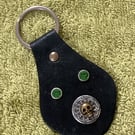 Black Leather Keyring - Celtic Design 2 Green Gemstones - Skull FREE SHIPPING