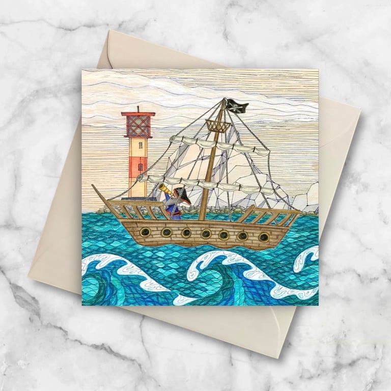 Pirate Ship at The Needles Lighthouse, Isle of Wight Art Print Greetings Card