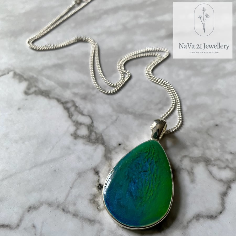 Kingfisher Green Resin tear drop pendant REF... Folksy