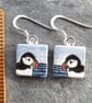 Puffin with blue sea ceramic and sterling silver drop earrings - Image 2