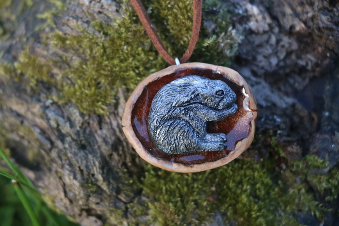 Handmade Hare Wildlife Pendant - Cast in Silver Resin, Polished Walnut Shell