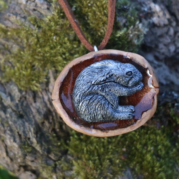 Handmade Hare Wildlife Pendant - Cast in Silver Resin, Polished Walnut Shell