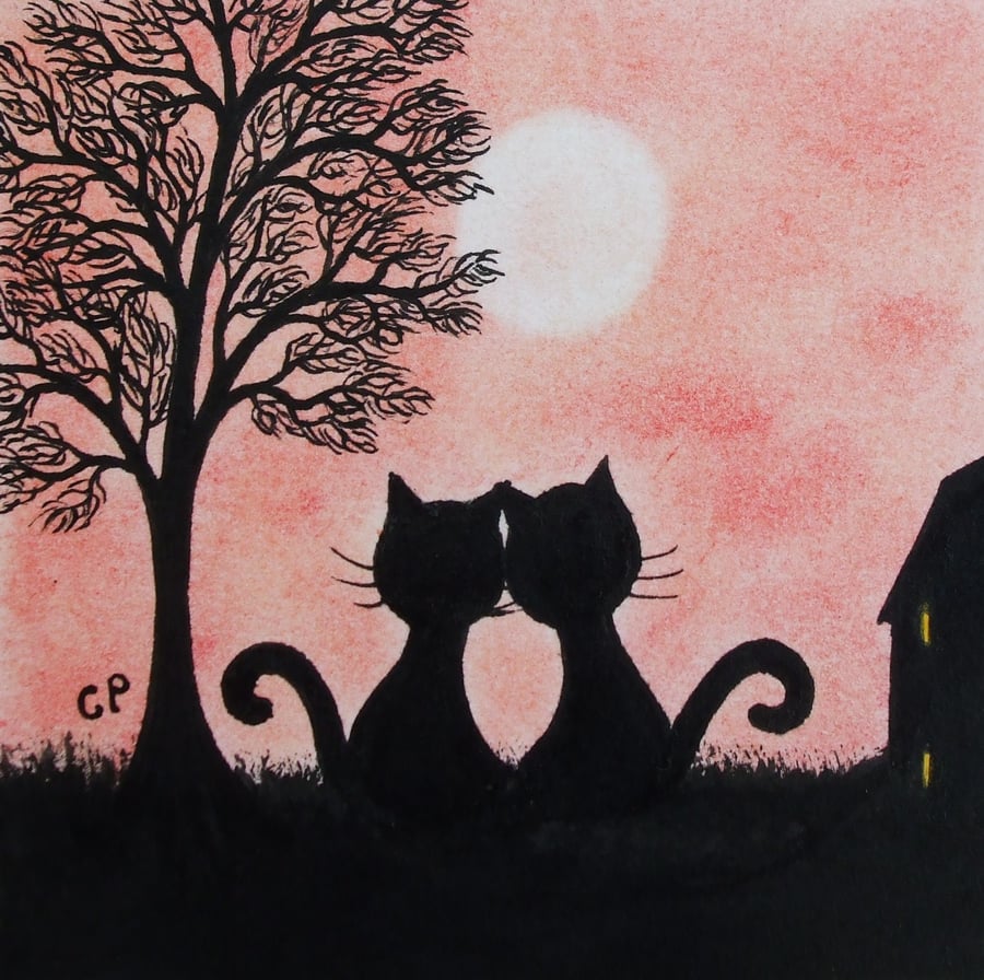 Black Cat Card, Romantic Anniversary Card, Love Cats Tree Card, Engagement Card