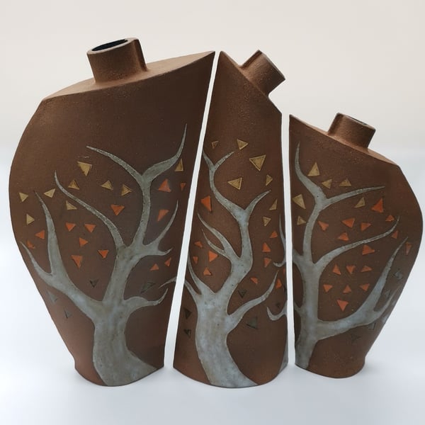 Trio of "autumn scenes' vases