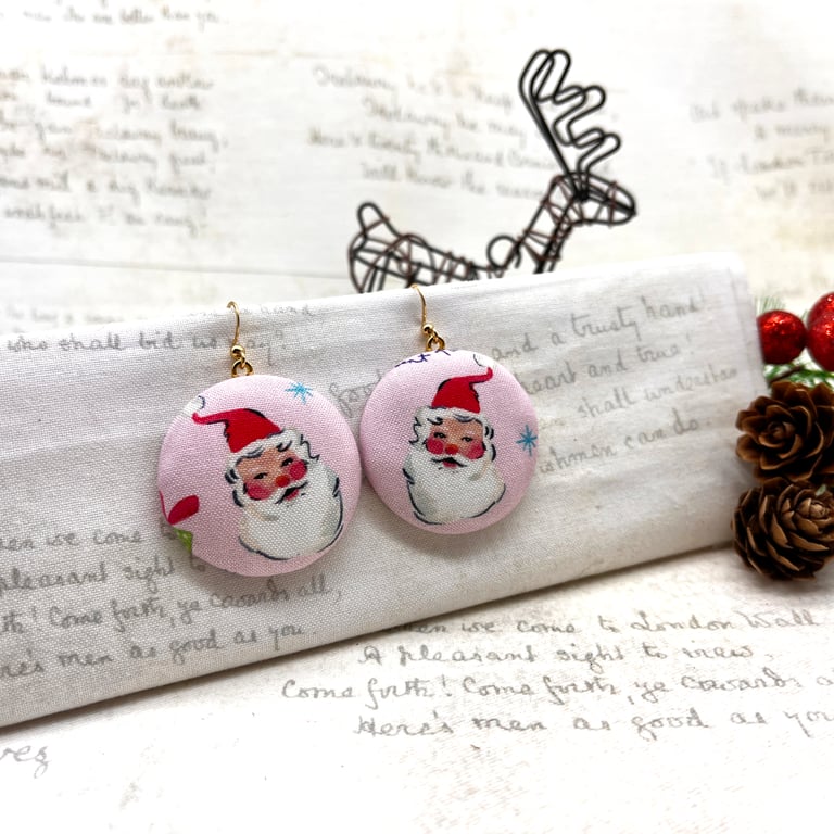 Jolly Santa Claus retro large statement dangle earrings festive jewellery pink